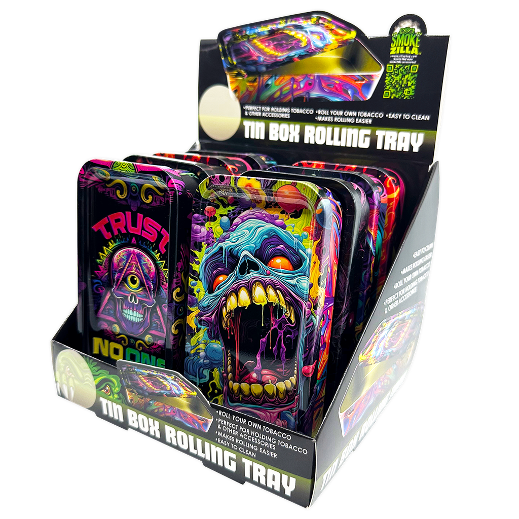 SMOKEZILLA TIN BOX ROLLING TRAY BOX OF 8