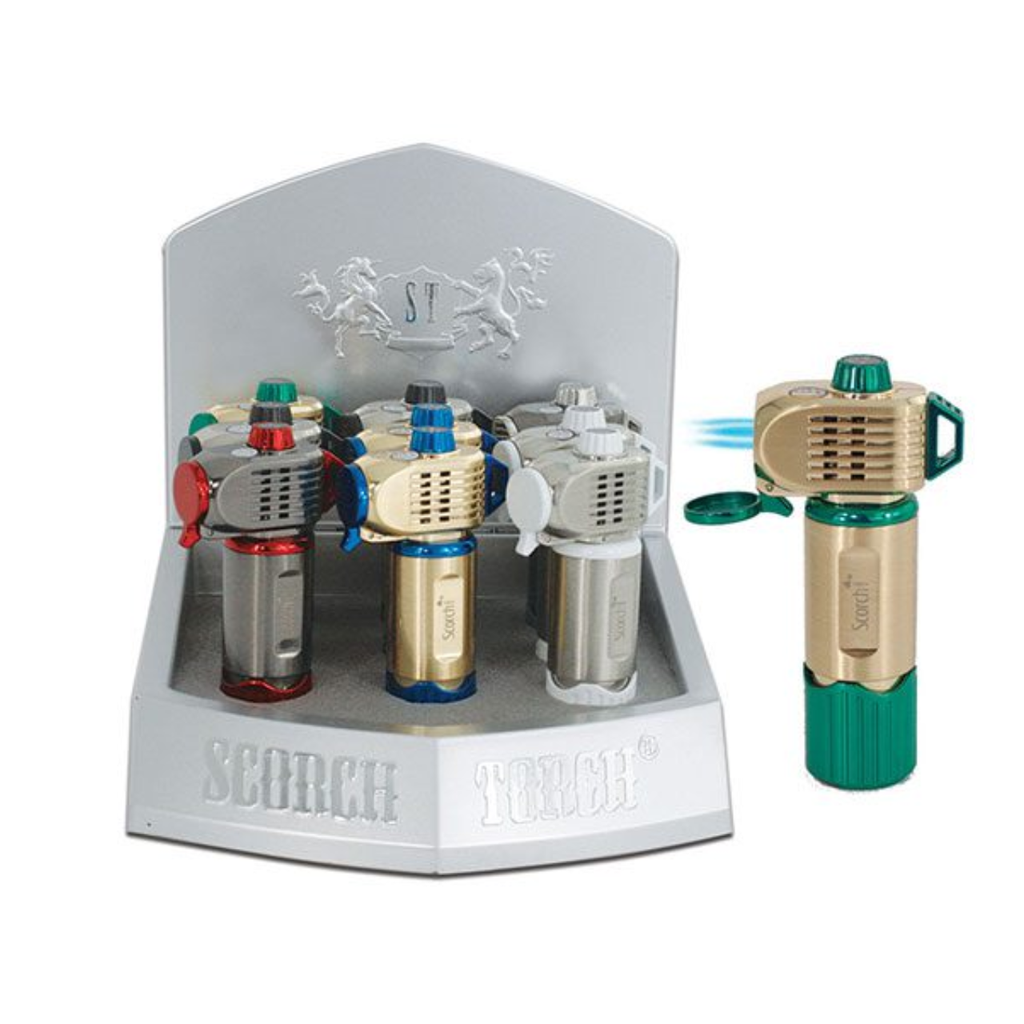 SCORCH TORCH LIGHTER 4'' TRIPLE TORCH CIGAR LIGHTER W/PUNCHER&TRIGGER LOCK ASST 9CT