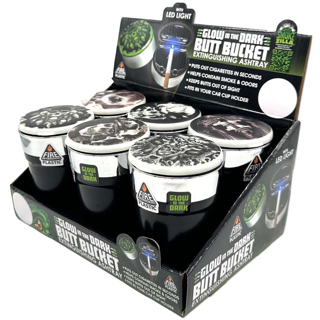 SMOKEZILLA GLOW IN THE DARK LID BUTT BUCKET ASHTRAY W/LED BOX OF 6