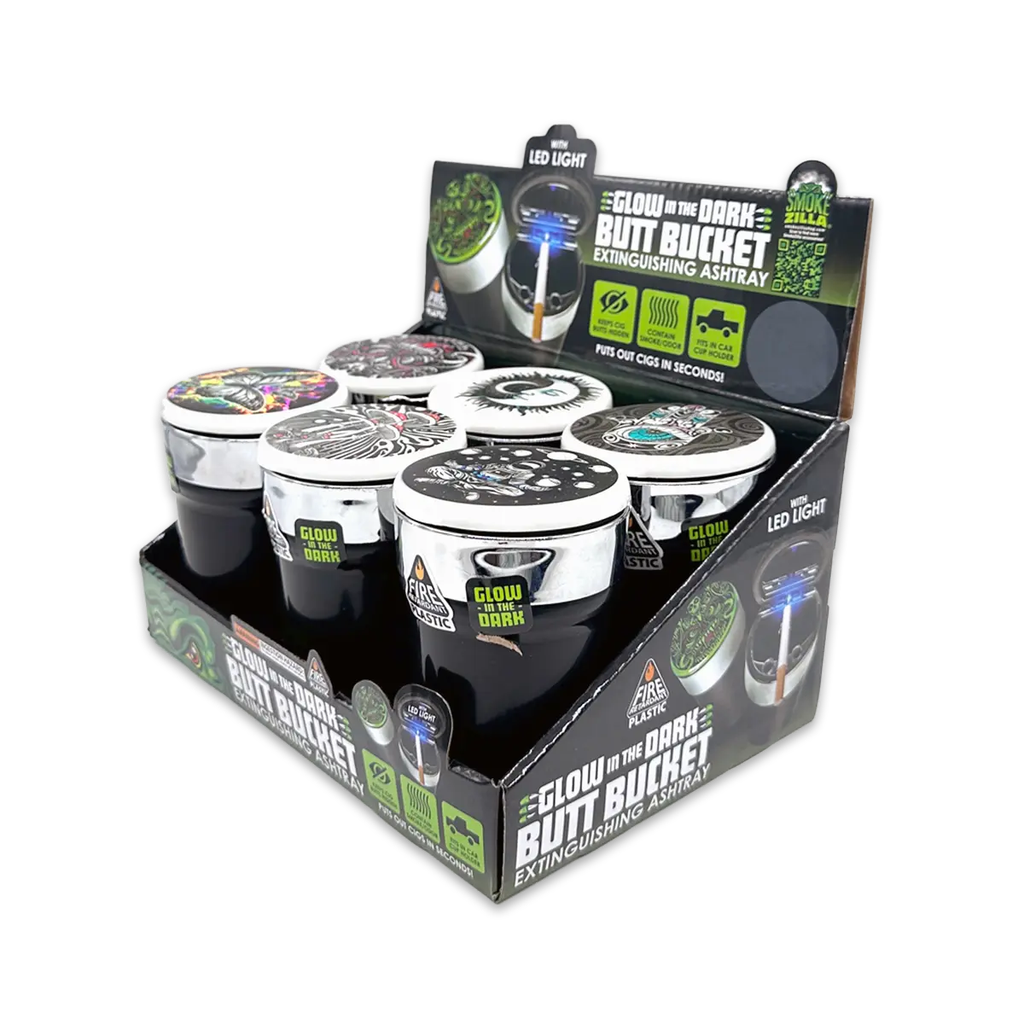 NOVELTY GLOW IN THE DARK LID BUTT BUCKET ASHTRAY W/LED LIGHT BOX OF 6