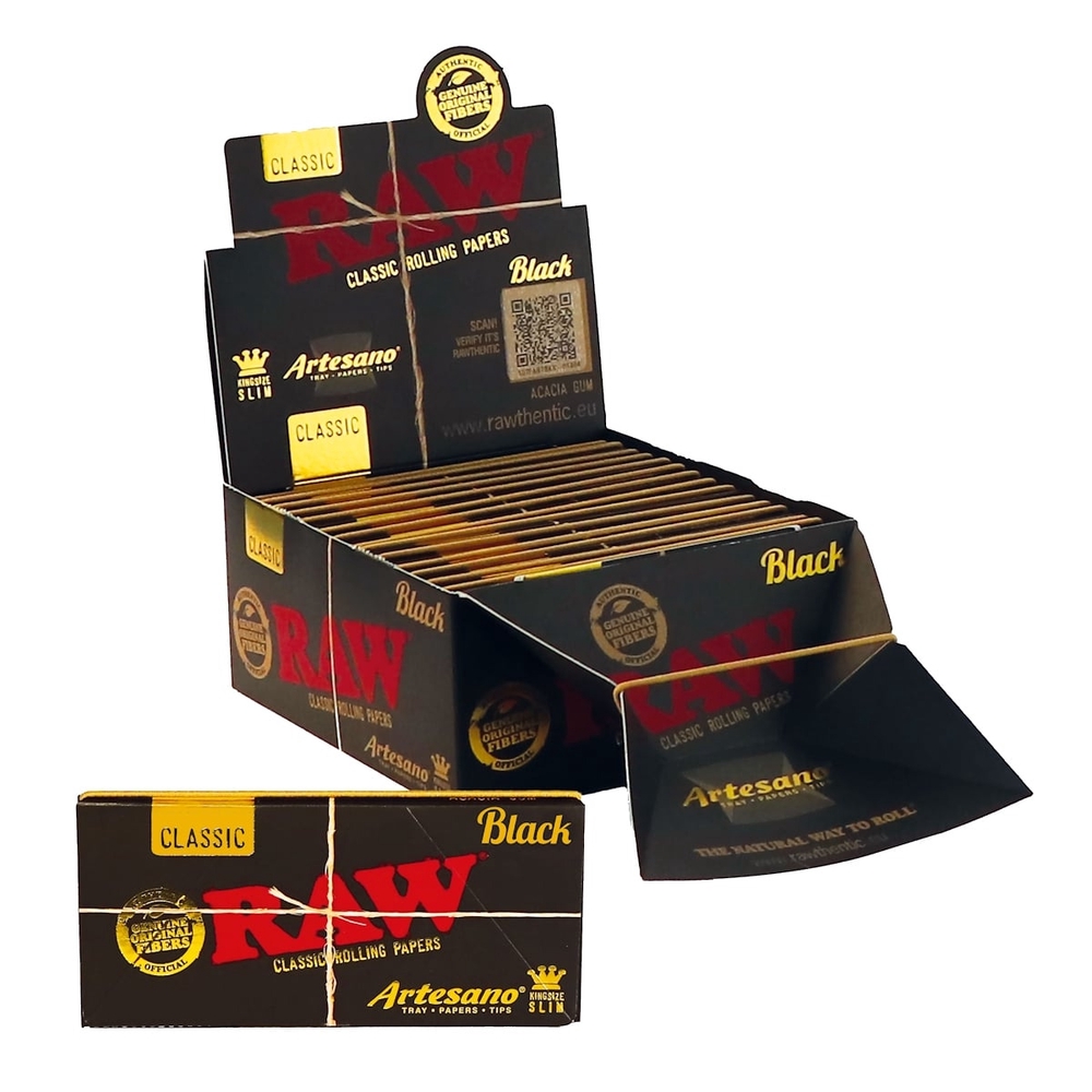 RAW BLACK KING SIZE SLIM ARTESANO PAPERS WITH POKER BOX OF 15