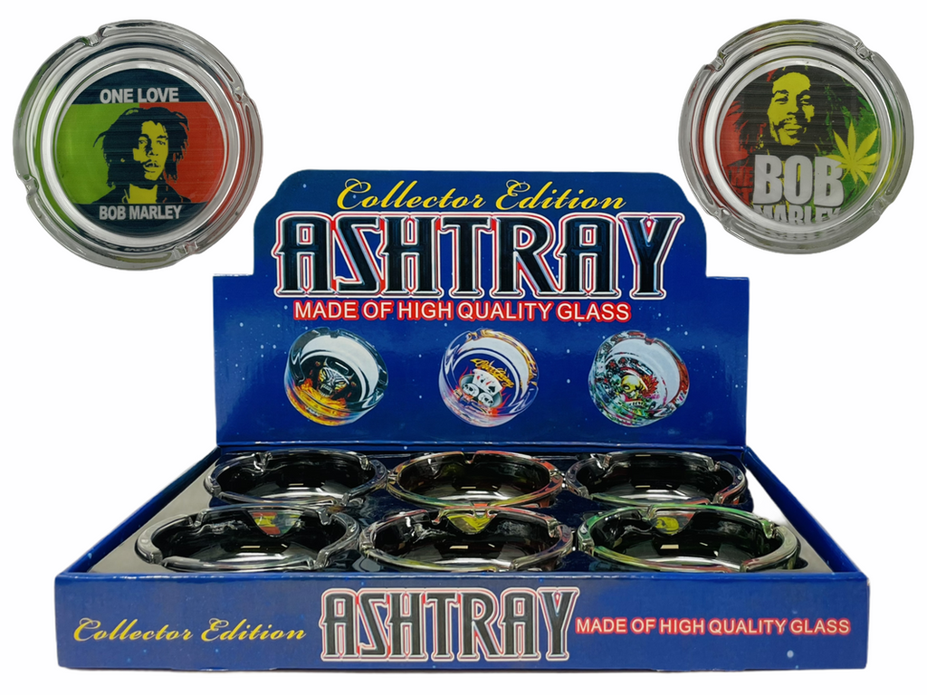 BOB MARLEY GLASS ASHTRAY ASSORTED DESIGNS BOX OF 6