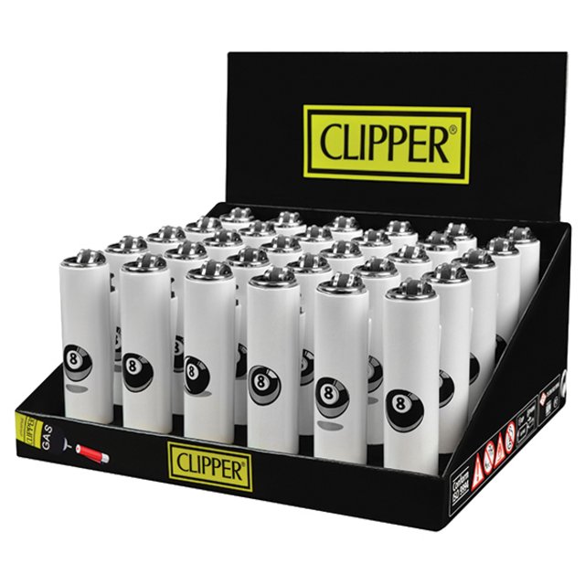 CLIPPER METAL COVER WITH LIGHTER 8 BALL 30 PER DISPLAY