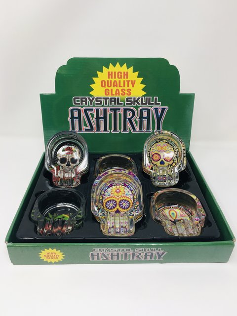 CRYSTAL SKULL GLASS ASHTRAY ASSORTED DESIGN BOX OF 6