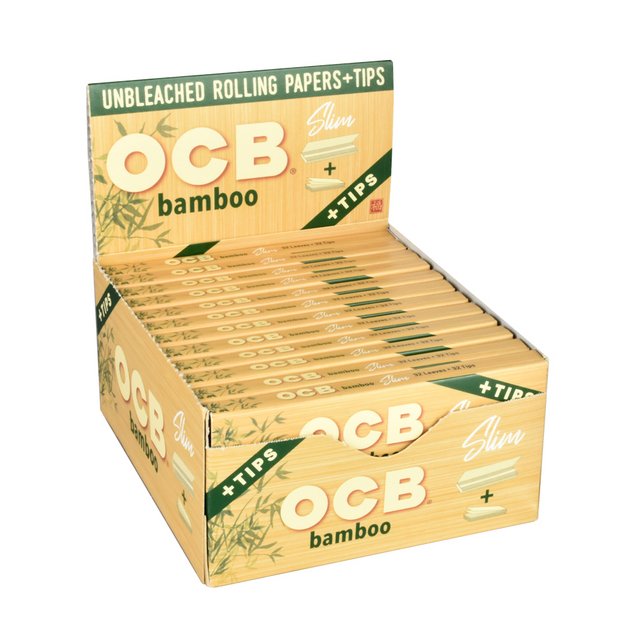 OCB BAMBOO VEGAN SLIM UNBLEACHED ROLLING PAPERS + TIPS BOX OF 24