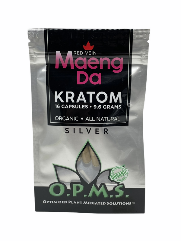 OPMS SILVER RED VEIN MAENG DA 9.6GM 16CT CAPSULES BAG