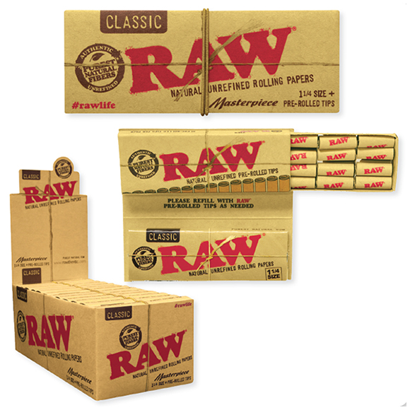 RAW 1.25 CLASSIC ROLLING PAPERS + PREROLLED TIPS+ MASTERPIECE BOX OF 24