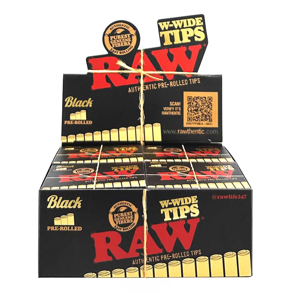 RAW PRE-ROLLED W-WIDE TIPS BLACK BOX OF 20