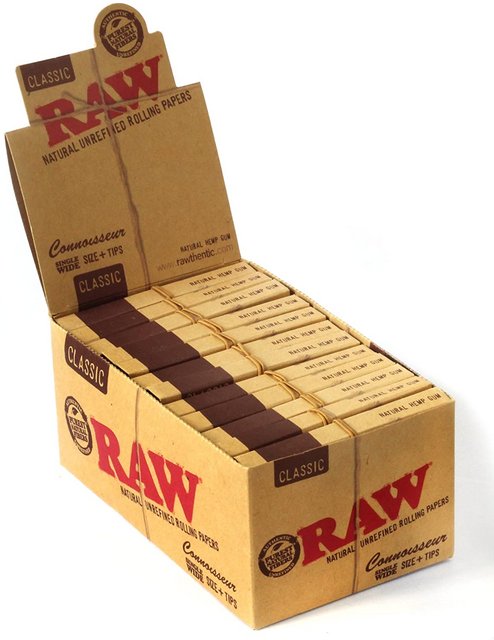 RAW SINGLE WIDE CLASSIC ROLLING PAPERS+TIPS CONNOISSEUR BOX OF 24