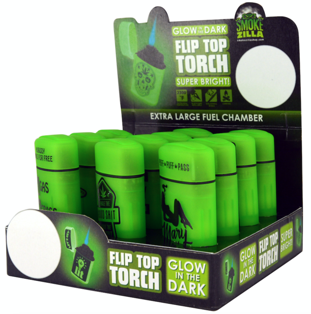 SMOKEZILLA FLIP TOP GLOW IN DARK TORCH BOX OF 12 #030011