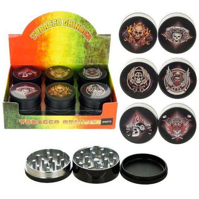 TOBACCO GRINDER 3 PARTS BLACK BIKER GR041-BBK BOX OF 12