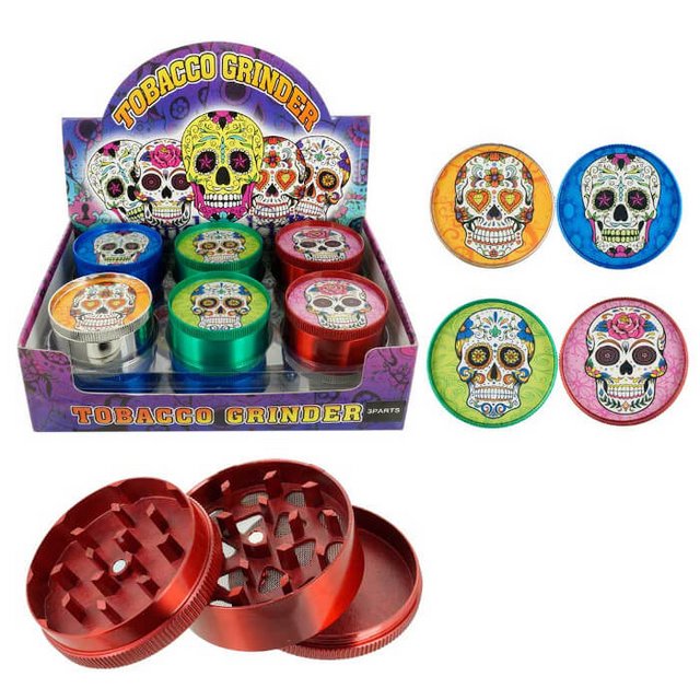 TOBACCO GRINDER 3 PARTS CANDY SKULL DESIGN GR041-CSK BOX OF 12