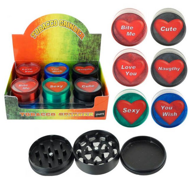 TOBACCO GRINDER 3 PARTS HEART WITH WORDS GR041-GHT BOX OF 12