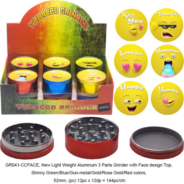 TOBACCO GRINDER 3 PARTS WITH FACE DESIGN ON TOP GR041-CCFACE BOX OF 12