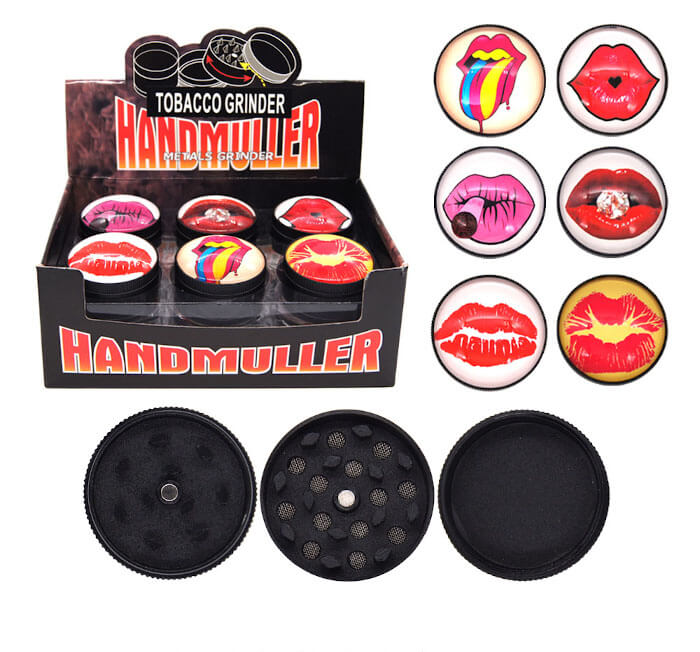 TOBACCO GRINDER CRYSTAL BALL LIP DESIGN 3 PARTS GR154-52LP BOX OF 12