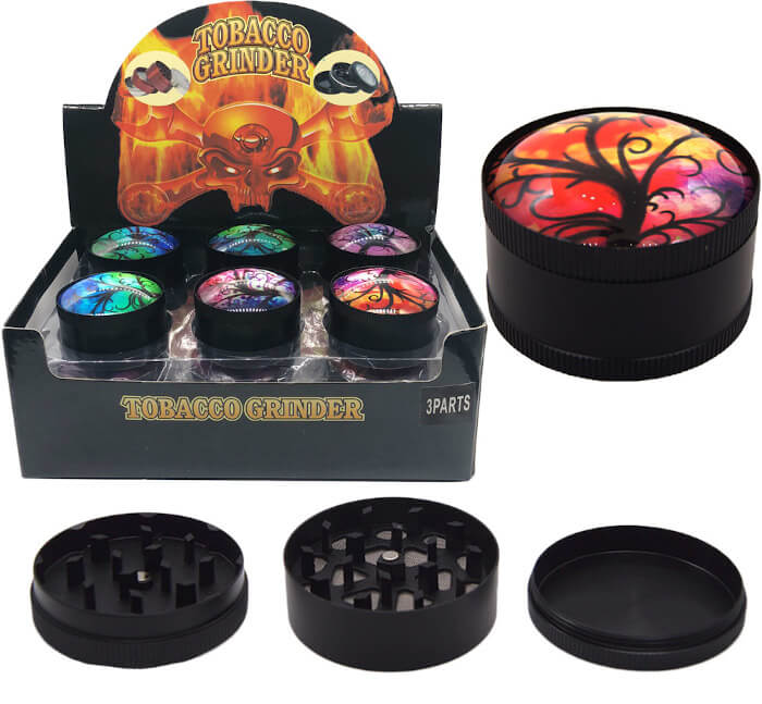 TOBACCO GRINDER CRYSTAL BALL TREE DESIGN 3 PARTS GR154-52TR BOX OF 12