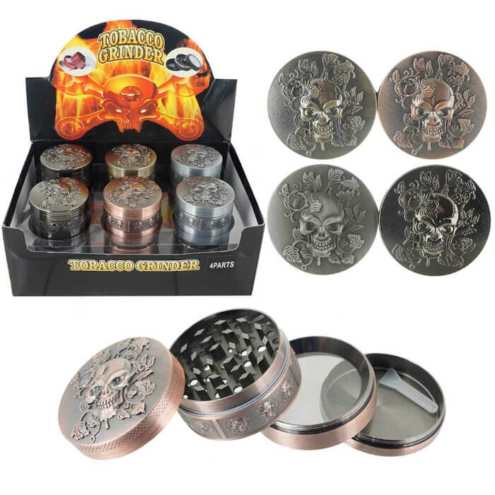 TOBACCO GRINDER EMBOSS SKULL 4 PARTS GR149 BOX OF 12