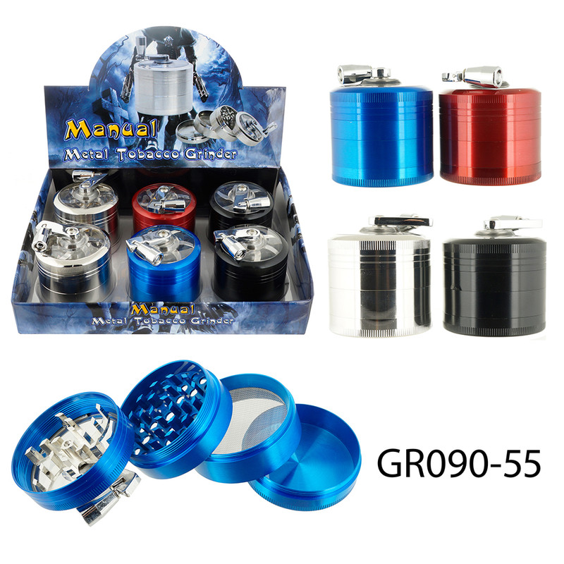 TOBACCO GRINDER MIXED COLOR WITH HAND CRANK 4 PARTS GR090-55 BOX OF 6