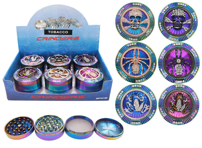 TOBACCO GRINDER RAINBOW WITH 3D PATTERN ON TOP 4 PARTS GR158-63RB BOX OF 6