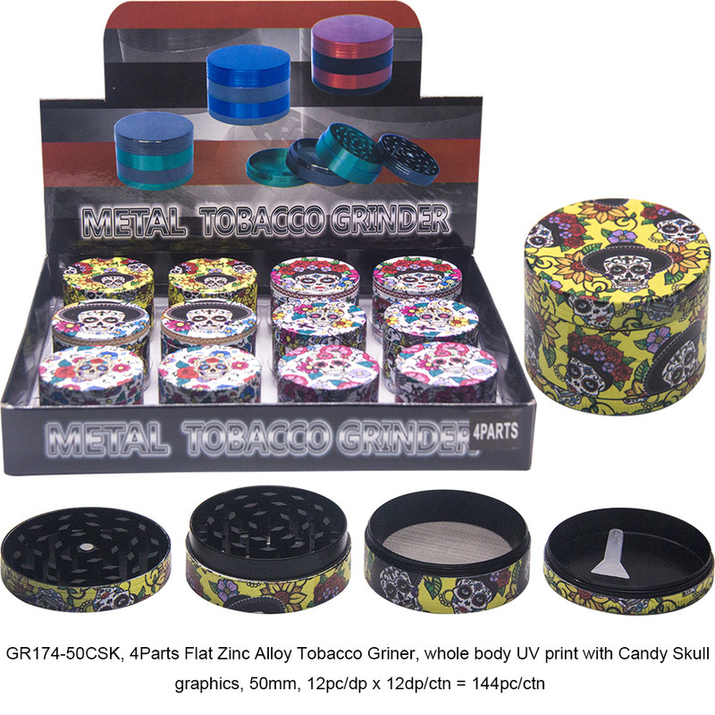 TOBACCO GRINDER UV PAINTING CANDY SKULL 4 PARTS GR174-50CSK BOX OF 12