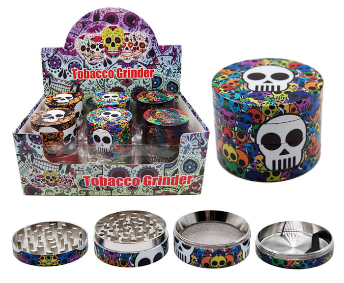 TOBACCO GRINDER UV PAINTING SKULL DESIGN 4 PARTS GR174-50SKC BOX OF 12