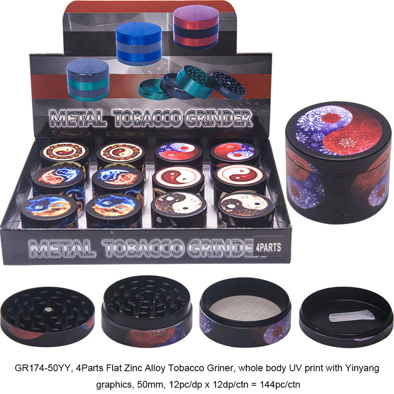 TOBACCO GRINDER UV PAINTING YING YANG 4 PARTS GR174-50YY BOX OF 12