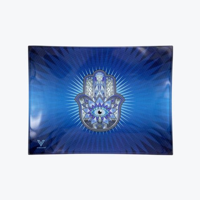 V SYNDICATE MEDIUM GLASS ROLLING TRAY HAMSA BLUE