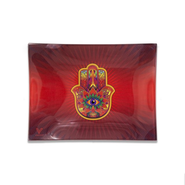 V SYNDICATE MEDIUM GLASS ROLLING TRAY HAMSA RED-1