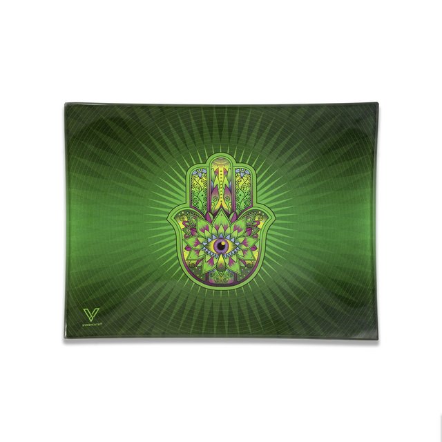 V SYNDICATE SMALL GLASS ROLLING TRAY HAMSA GREEN