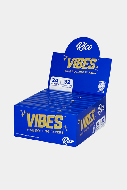 VIBES RICE FINE ROLLING PAPERS KING SIZE 33CT WITH TIPS BOX OF 24